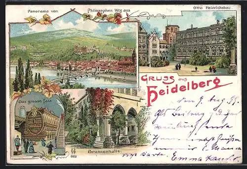 Lithographie Heidelberg, Stadtpanorama vom Philosophenweg aus, Otto-Heinrichs-Bau, Grosses Fass, Brunnenhalle, Eichenlaub