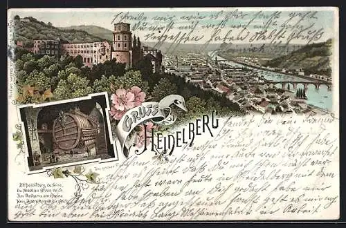 Lithographie Heidelberg, Gesamtansicht mit Schloss, das grosse Fass