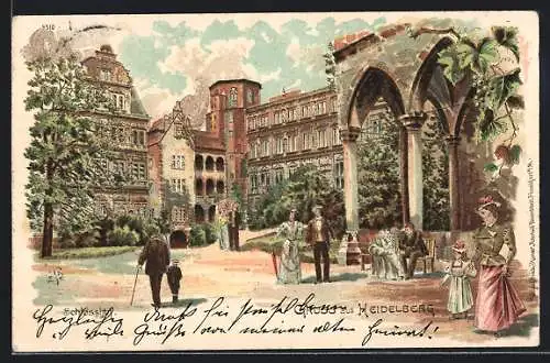 Lithographie Heidelberg, Partie im Schlosshof