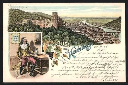 Lithographie Heidelberg, Totalansicht mit Burg, Trompeter