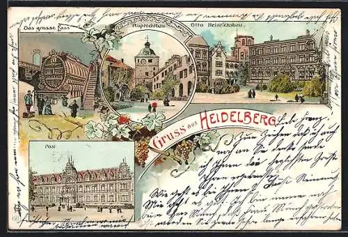 Lithographie Heidelberg, Ruprechtbau, Otto Heinrichsbau, Post