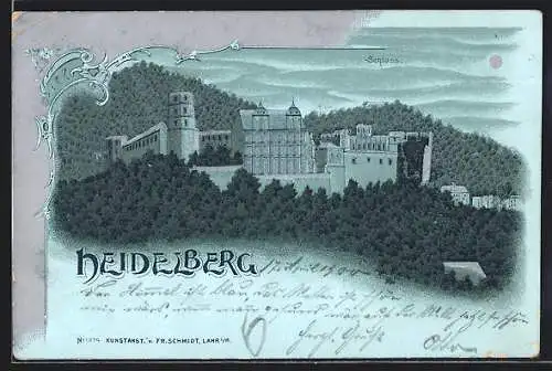 Mondschein-Lithographie Heidelberg, Ansicht vom Schloss