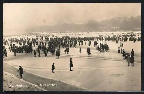 AK Mannheim, Zugefrorener Rhein im Winter 1929