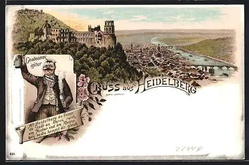 Lithographie Heidelberg, Ortsansicht mit Schloss, Brügerlicher hebt seinen Bierkrug