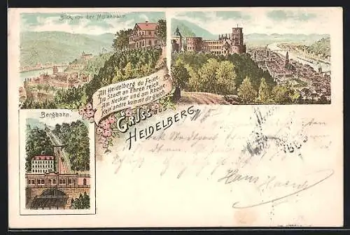 Lithographie Heidelberg, Blick von der Molkenkur, Panorama mit Burg, Bergbahn