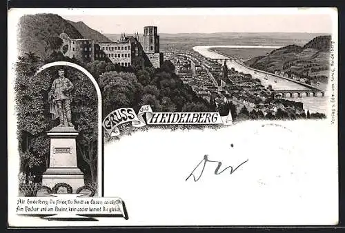 Lithographie Heidelberg, Stadt-Panorama, Scheffel-Denkmal