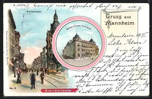 Lithographie Mannheim, Breitestrasse mit Strassenbahn, Kaiserliches Postamt