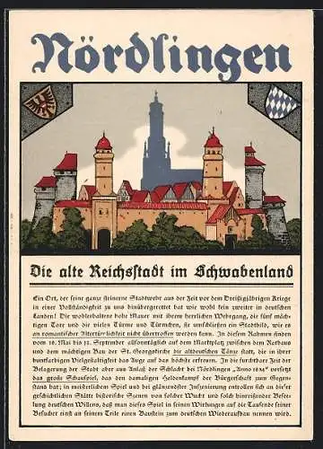 Steindruck-AK Nördlingen, Panorama der alten Reichstadt, Wappen