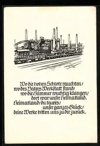 AK Fabrikansicht mit Gleisanlage und Eisenbahn, Werke als Stolz des Vaterlandes