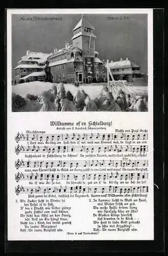 AK Lied: Willkumme of`en Fichtelbarg!, Neues Fichtelberghaus im Winter
