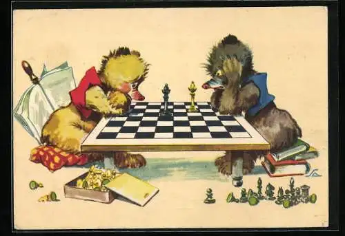 AK zwei Tiere spielen Schach bis zum letzten Ende