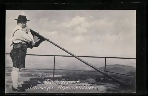 AK Schweizer Alphornbläser Fred Horst mit seinem Alphorn