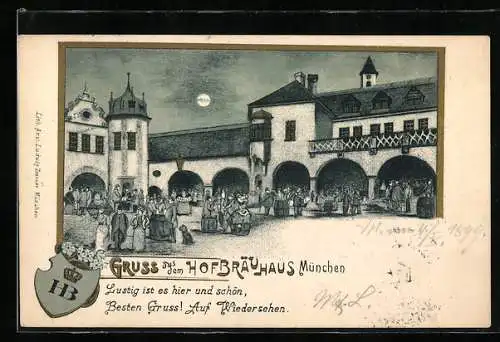 Lithographie Münchner Hofbräuhaus, Hof mit Gästen, Wappen