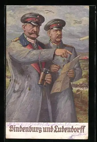 AK Hindenburg und Ludendorff in Uniform mit Fernglas