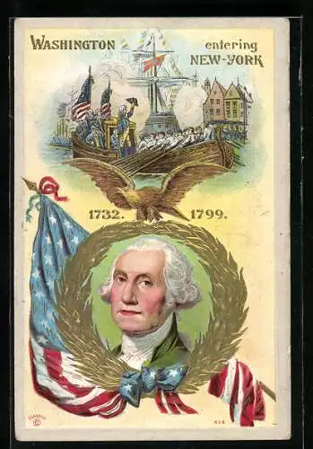 Präge-Lithographie Washington entering New York by boat, Portrait of the 1. President of the USA