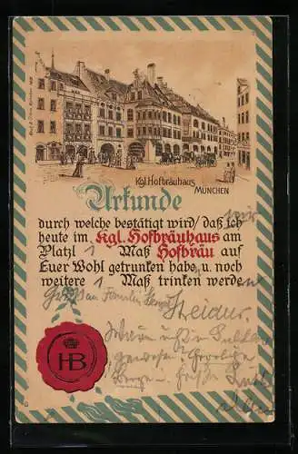 Lithographie München, Das Königliche Hofbräuhaus, Trinkurkunde