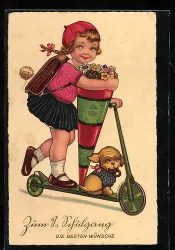 AK Kleines Mädchen mit ihrer Schultüte und einem kleinen Hund auf einem Roller