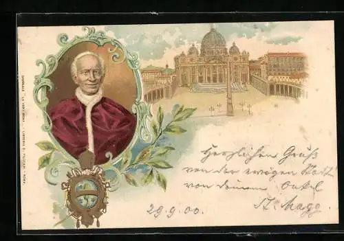 Lithographie Papst Leo XIII., Petersplatz mit Petersdom