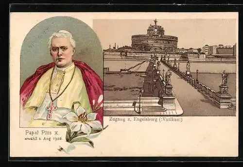 Lithographie Papst Pius X., Zugang zur Engelsburg i. Vatikan