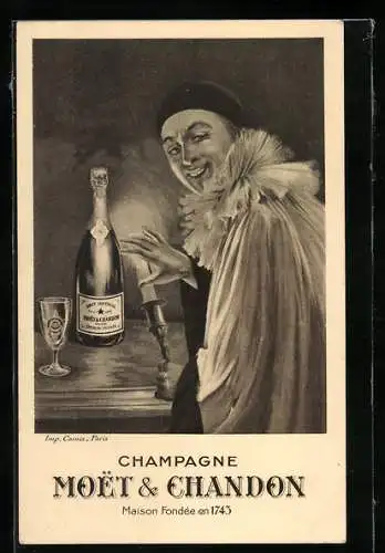 Künstler-AK Champagne Moet & Chandon, Maison Fondée en 1743, kostümierter Mann mit Champagnerflasche und Kerze