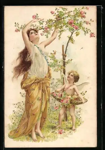 Lithographie Amor und Mädchen an Rosenstrauch