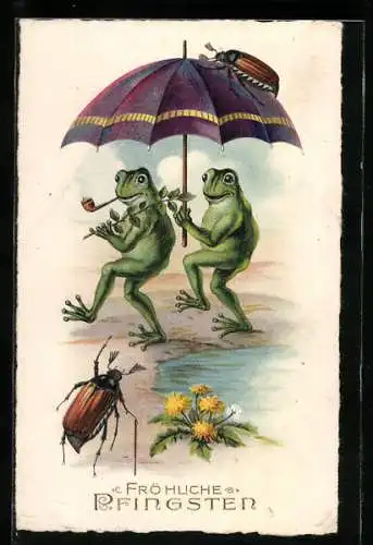 AK Frösche grüssen kleinen Käfer im Regen