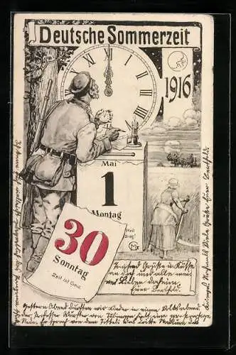 AK Soldat vor einer Uhr, Kalender, Deutsche Sommerzeit 1916