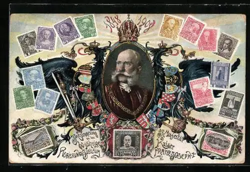 AK 60 jähriges Regierungsjubiläum seiner Majestät Kaiser Franz Josef I. von Österreich, Briefmarken