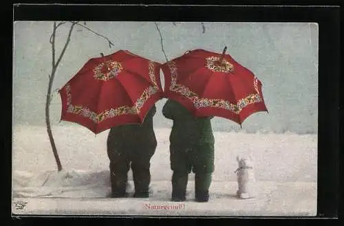 AK Käthe Kruse-Puppen mit roten Regenschirmen