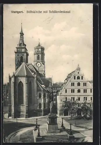 AK Stuttgart, Stiftskirche mit Schillerdenkmal