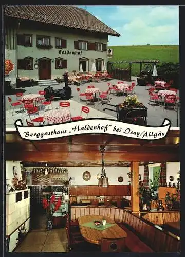 AK Isny /Allgäu, Das Berggasthaus Haldenhof mit Terrasse und urigem Speisesaal