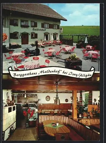 AK Isny /Allgäu, Das Berggasthaus Haldenhof mit Terrasse und urigem Speisesaal