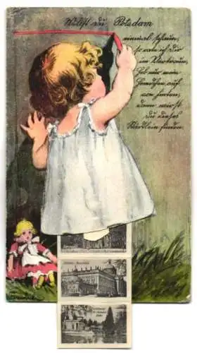 Leporello-AK Potsdam, Ansichten hinterm Gewand, Stadtschloss und Palast-Hotel, Garnisonkirche, Schloss Sanssouci