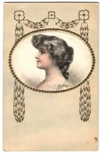 Seiden-AK Seitliches Portrait einer Dame mit dunklem Haar und Perlenketten, geprägtes Passepartout