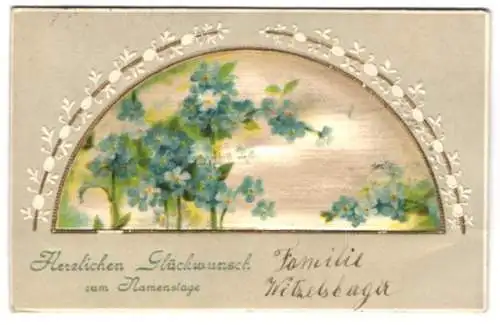 Seiden-AK Ein Strauch mit blauen Blüten im gold-weissen Passepartout, Karte zum Namenstag