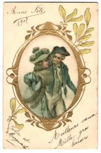 Seiden-AK Junges Paar in edler Kleidung, sie mit einem Pelzmuff, geprägtes Passepartout