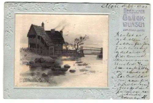Seiden-AK Eine alte Holzhütte an einem Fluss, Neujahrskarte, geprägtes Passepartout