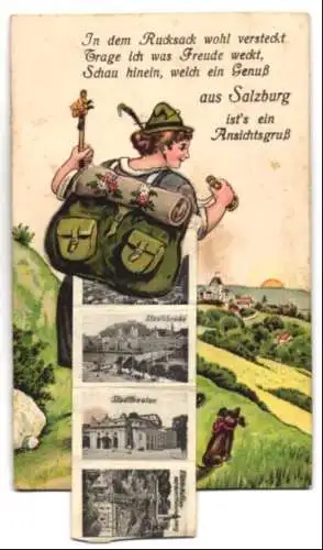 Leporello-AK Salzburg, Ansichten im Rucksack, Feste Hohensalzburg, Staatsbrücke, Residenzbrunnen und Glockenspiel