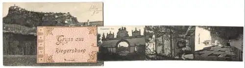 Leporello-AK Riegersburg, Ansichten im Album, Die Burg, das Markt-Tor, das Burg-Tor, das Anna-Tor, das Pyramiden-Tor