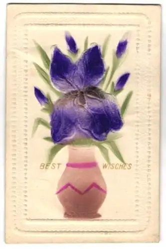 Stoff-Präge-AK Blühende Blumen in einem Topf