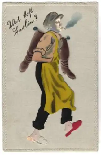 Filz-AK Rauchender Mann mit Pantoffeln und Stiefeln