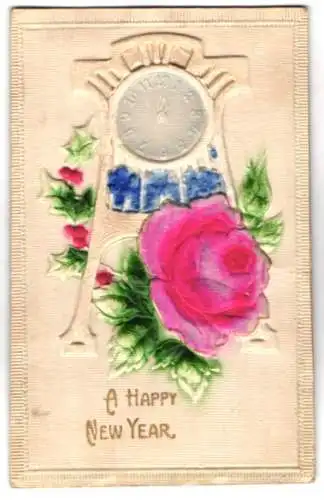 Stoff-Präge-AK Uhr mit Rose