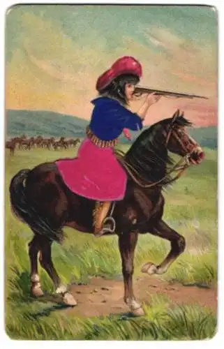 Stoff-Präge-AK Cowgirl auf der Jagd hoch zu Pferde