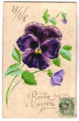 Stoff-Präge-AK Blühende Blume mit Blättern