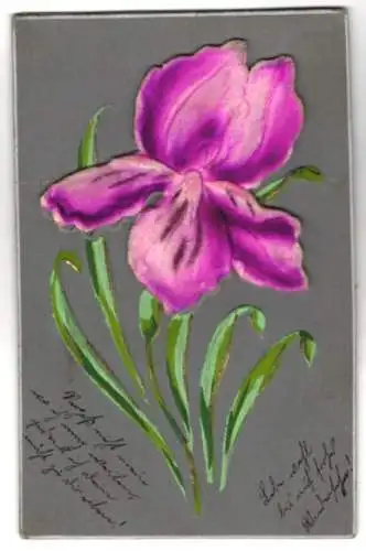 Stoff-Präge-AK Blühende lila Blume