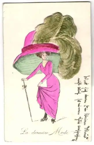 Stoff-Präge-AK Elegante Dame mit riesigem Hut