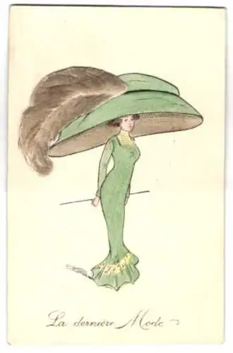 Stoff-Präge-AK Elegante Dame mit grossem Hut
