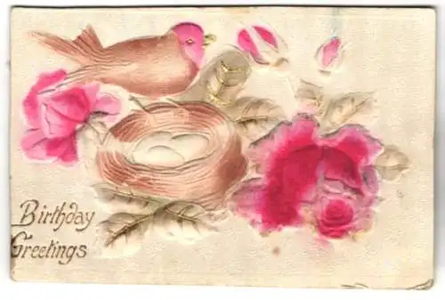 Stoff-Präge-AK Vögelchen im Nest mit Blumen
