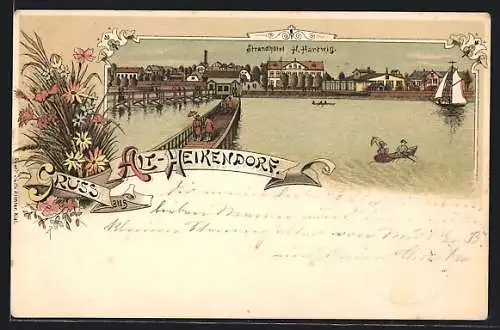 Lithographie Alt-Heikendorf, Strandhotel H. Hartwig von der Seebrücke