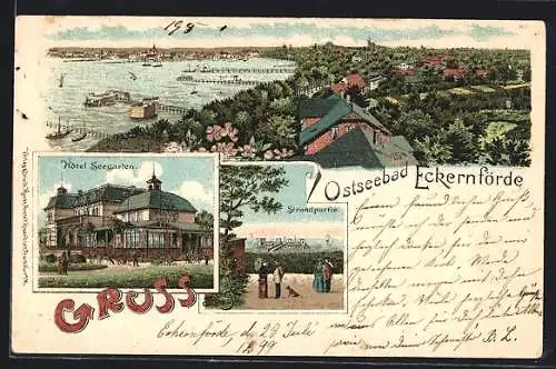 Lithographie Eckernförde, Hotel Seegarten, Strandpartie, Panorama